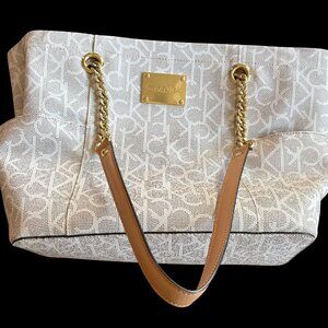 Calvin Klein CK Large Designer Purse Chain Tote White Tan Logo Monogram Hayden L